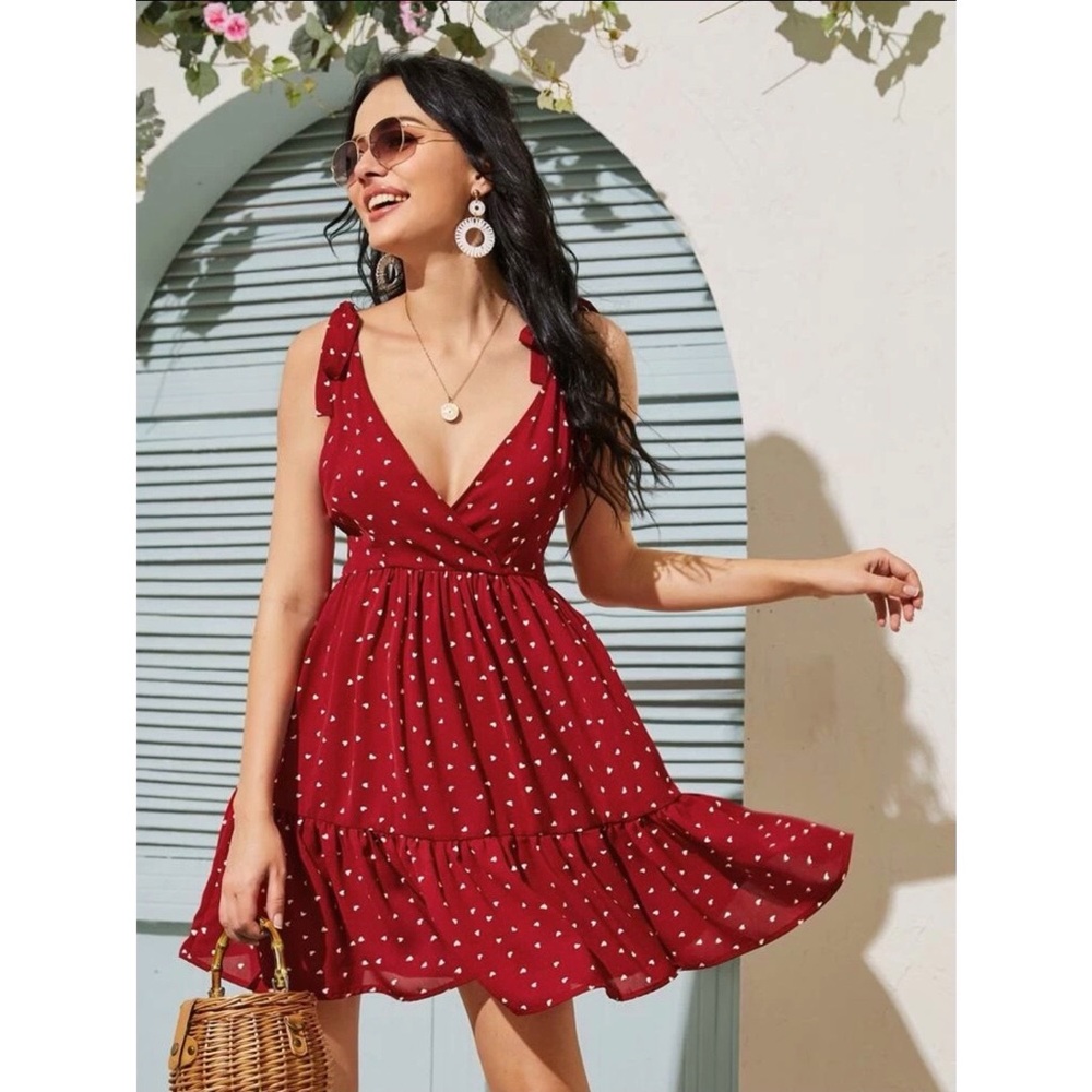 NWOT Red & White Heart Pattern Tie Dress